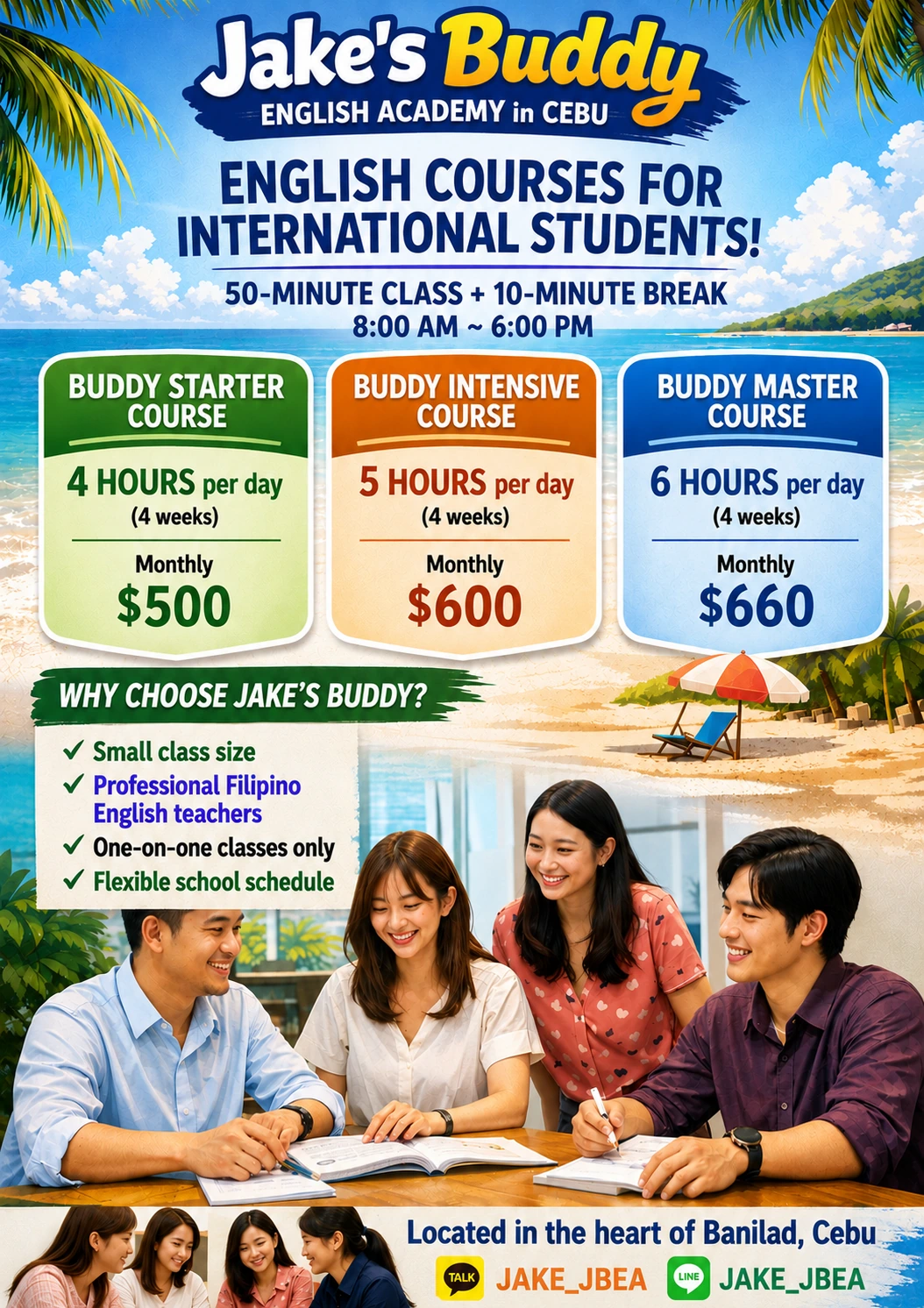 Jake's Buddy English Academy Cebu 통학형 어학연수 광고